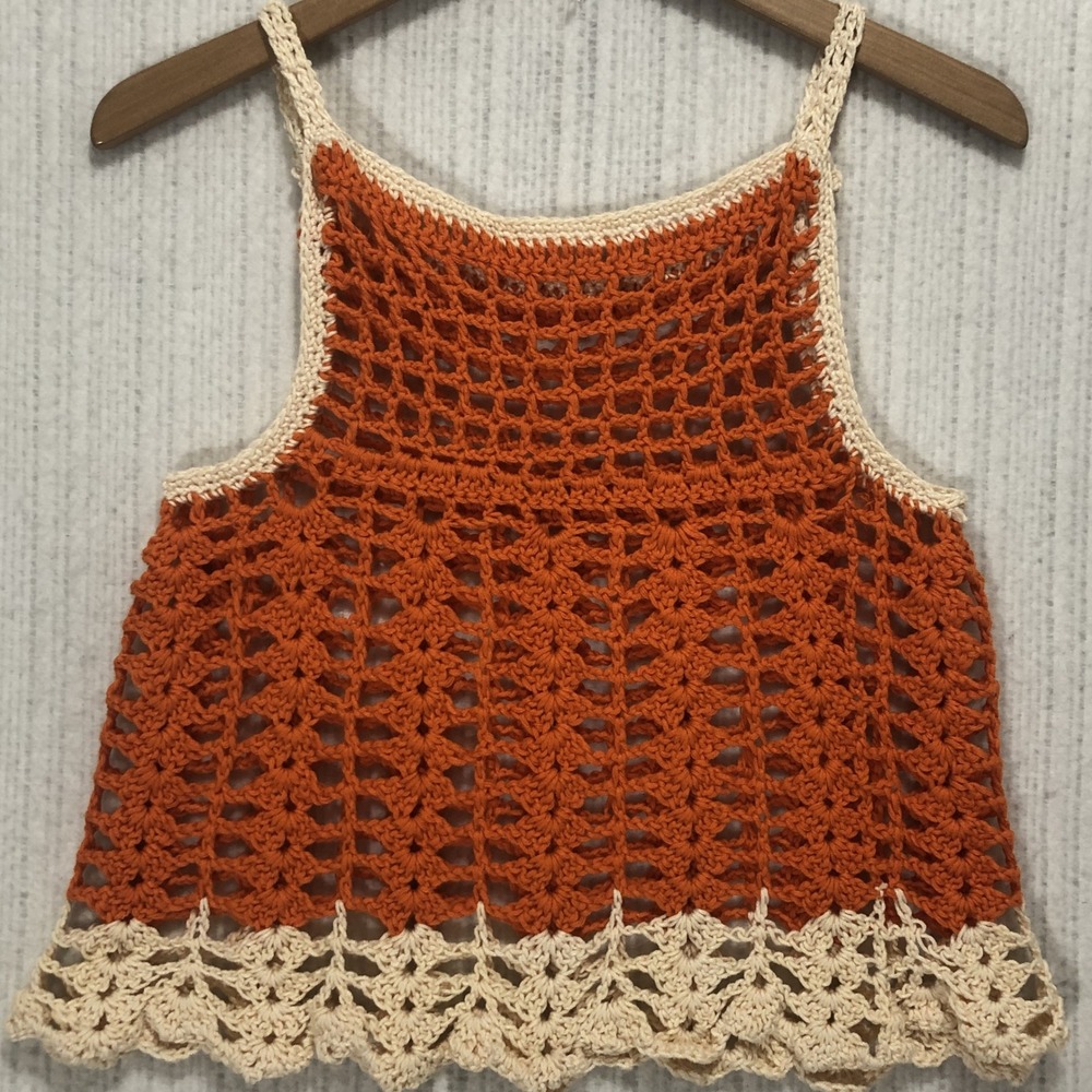 Handmade Crochet Crop Tank Top Burnt Orange Cream Boho Open Knit Shell Stitch